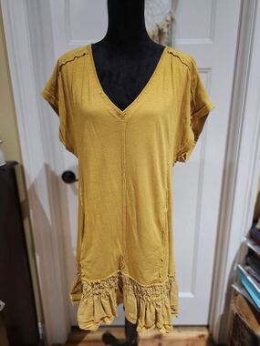 Relaxed V-Neck Ruffle Hem Tunic Dress  With Pockets - Mustard